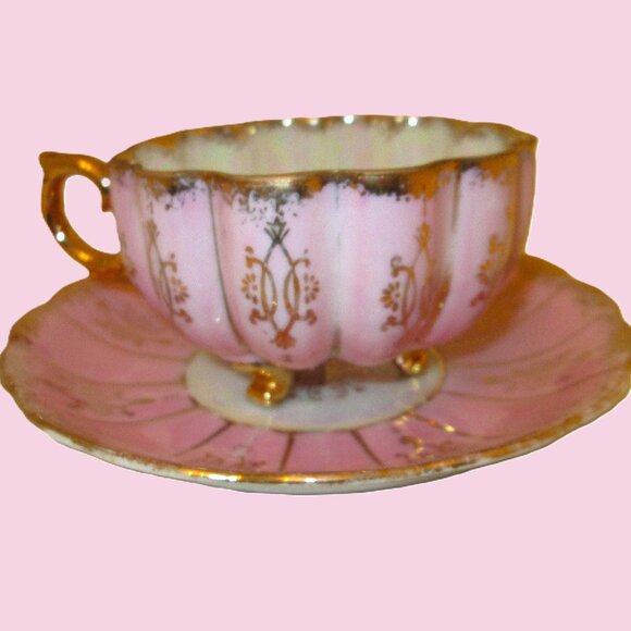 Hand painted pink & gold gilded three legged with iridescent white Shafford Japa - Picture 6 of 10